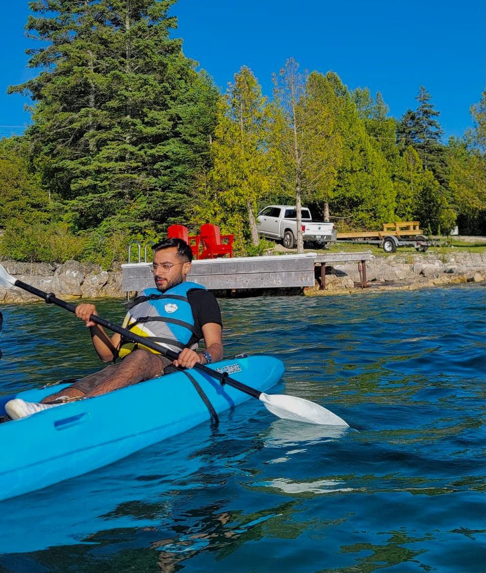 Nawazish kayaking in Tobermory, Ontario